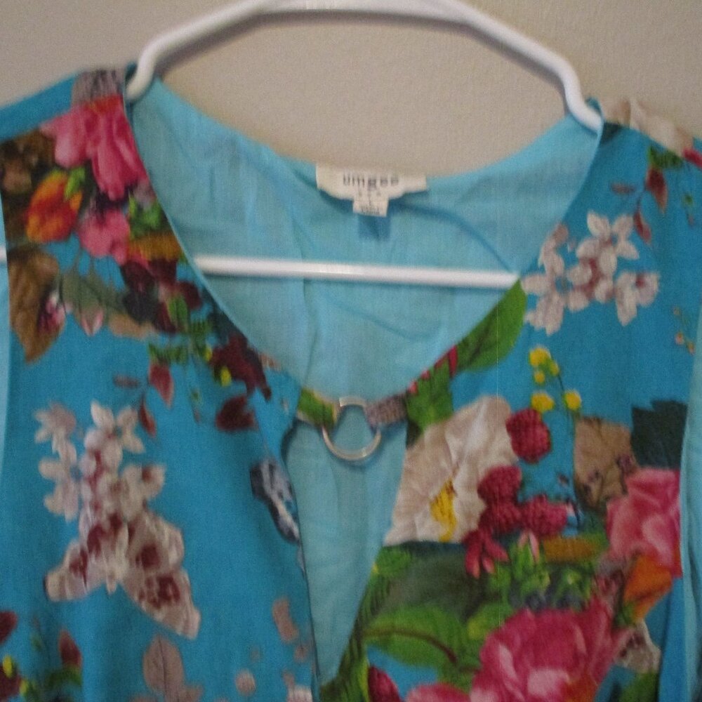 Umgee Dress Blue Floral Butterfly Keyhole Neck Swing Babydoll Size L Boho Preppy - Picture 7 of 7